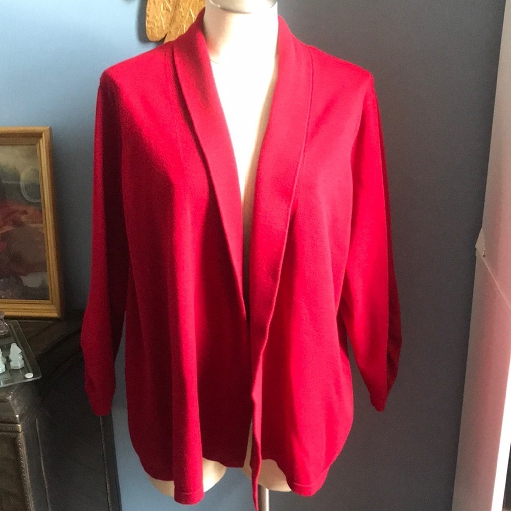Susan Graver deep red open lightweight festive cardigan 3/4 sleeves size XL